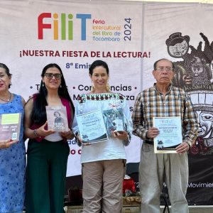 Azucena Solórzano, Mireya Aguilar, Marina Zarco y Gabriel Silva Mandujano en la FiliT de Tacámbaro, Michoacán 21-04-24. Foto FiliT.